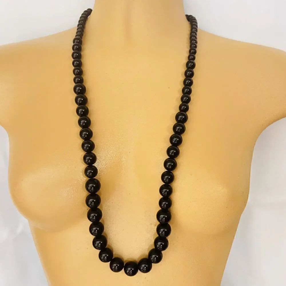 Vintage Napier Signed Lucite Black Gold Clasp Beaded Necklace Bead 30” Long 4163